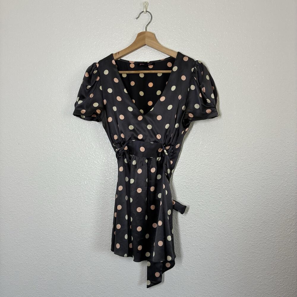 Betsey Johnson Dress Womens 6 Black Polka Dot Satin Wrap Mini Puff Sleeve Belted